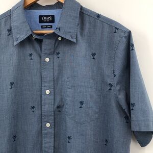 Chaps Easy Care Blue Palm Tree All Over Print Short Sleeved Button Down Size L